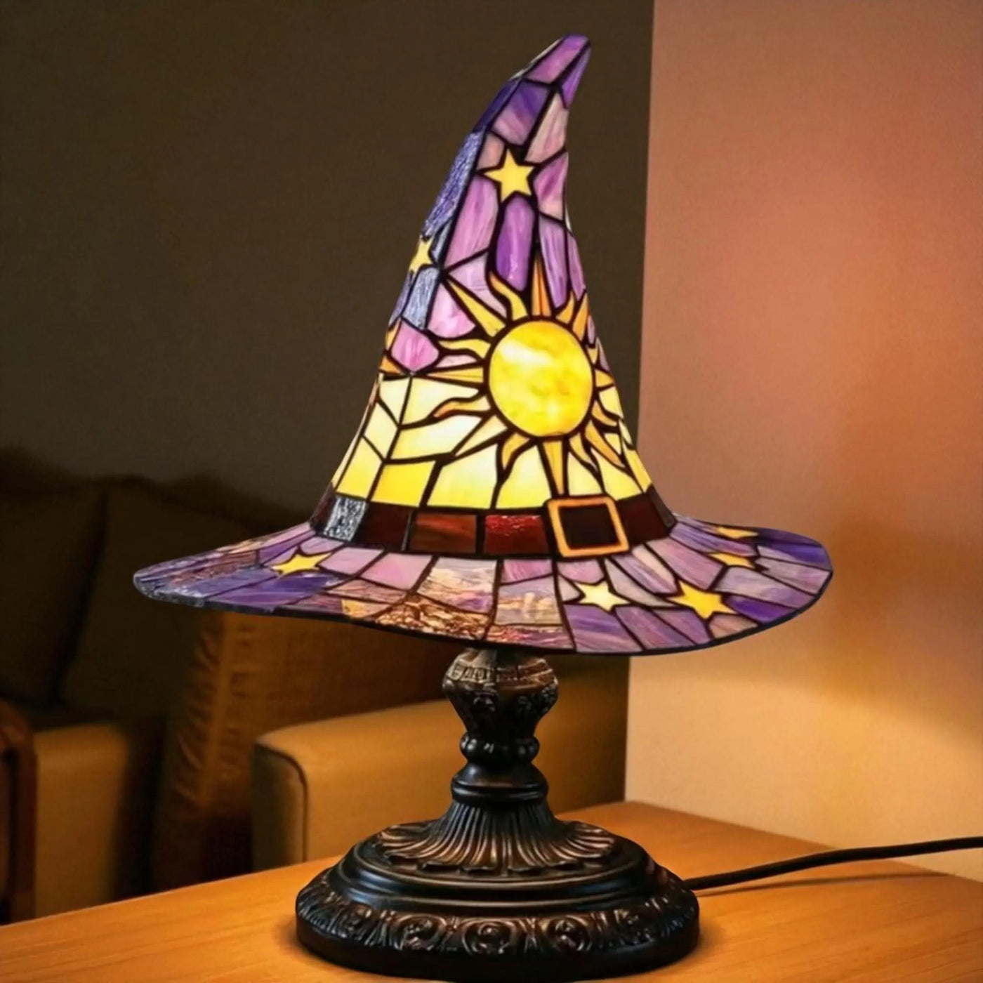 Halloween LED Stained Glass Witch Hat Lamp