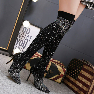 Women’s Sparkly Faux Diamonds Knee High Boots