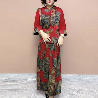 Plus Size Flowy Fashion Printed 2-Piece Set for Middle-aged Women