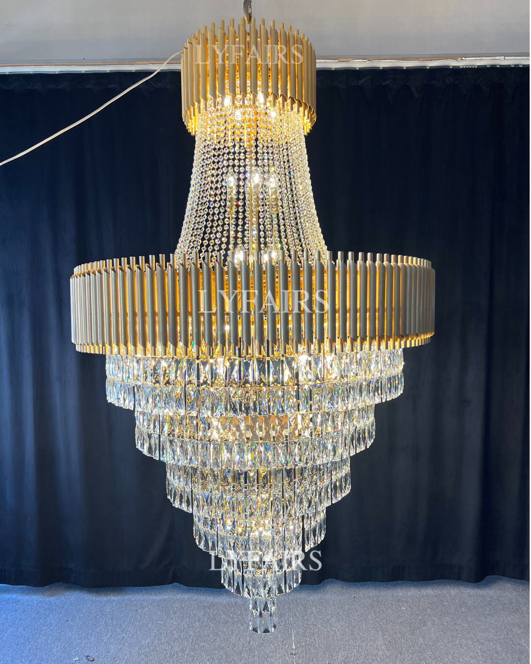 Extra Large Modern Multi-layers Gold/Black Light Luxury Crystal Chandelier For 2-Story Living Room,Foyer