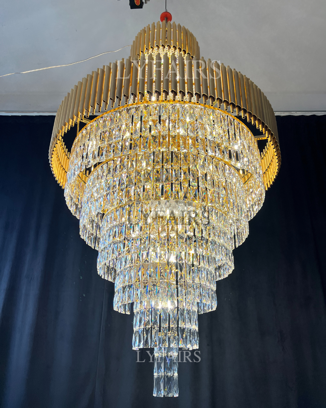 Extra Large Modern Multi-layers Gold/Black Light Luxury Crystal Chandelier For 2-Story Living Room,Foyer