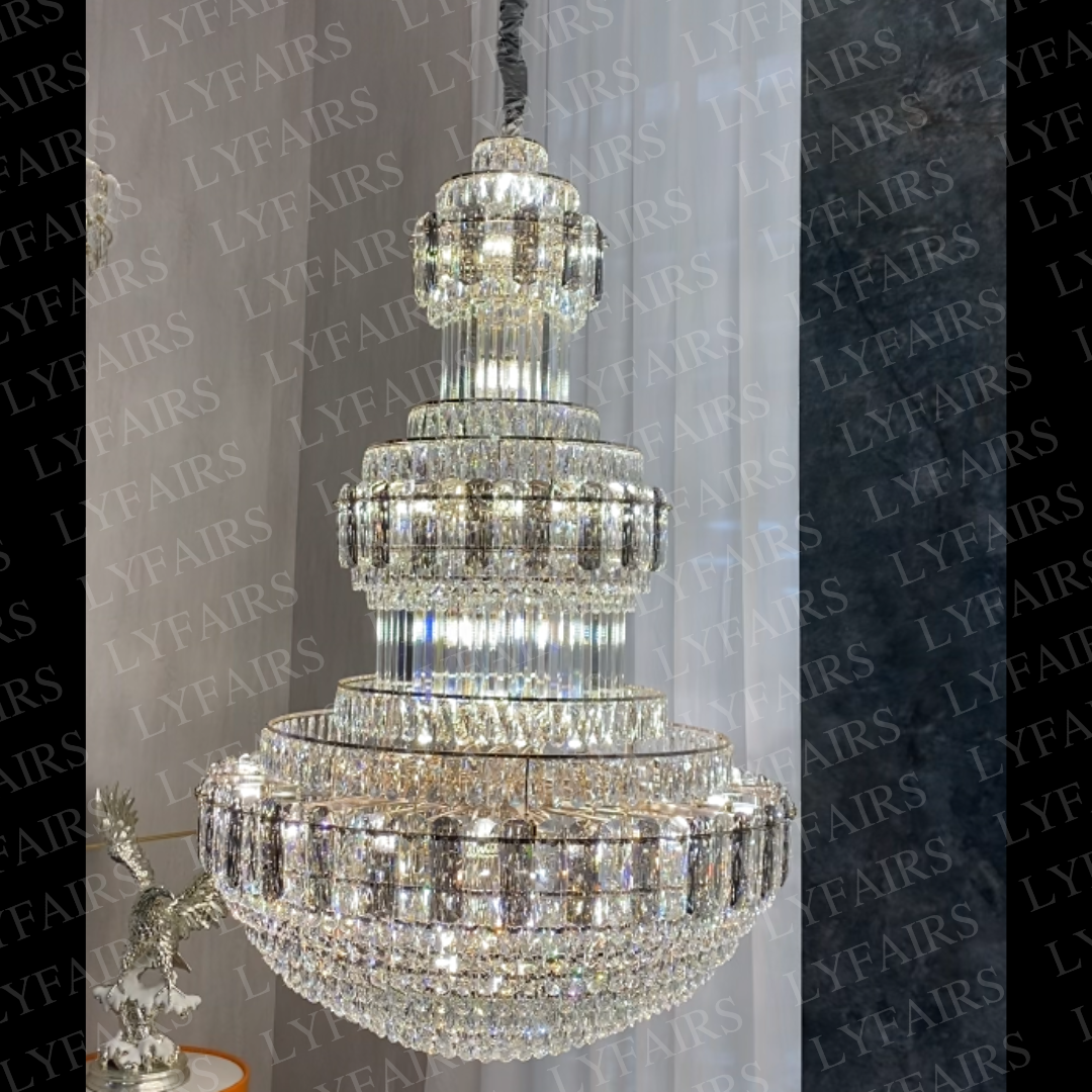 Golden Era Grand Cascade Fountain Smoky Gray&Clear Crystal Chandelier for High-ceiling