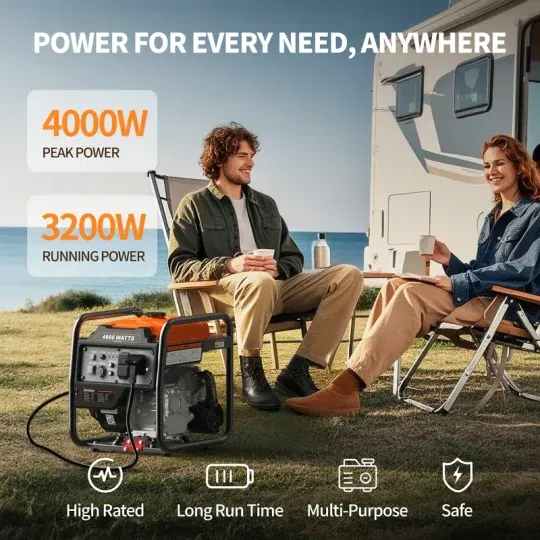 Genkins 4500 Watt Open Frame Inverter Generator 30 Amp Pure Sine Wave Noise Reduced 50% 55lbs EPA complied Gas Powered